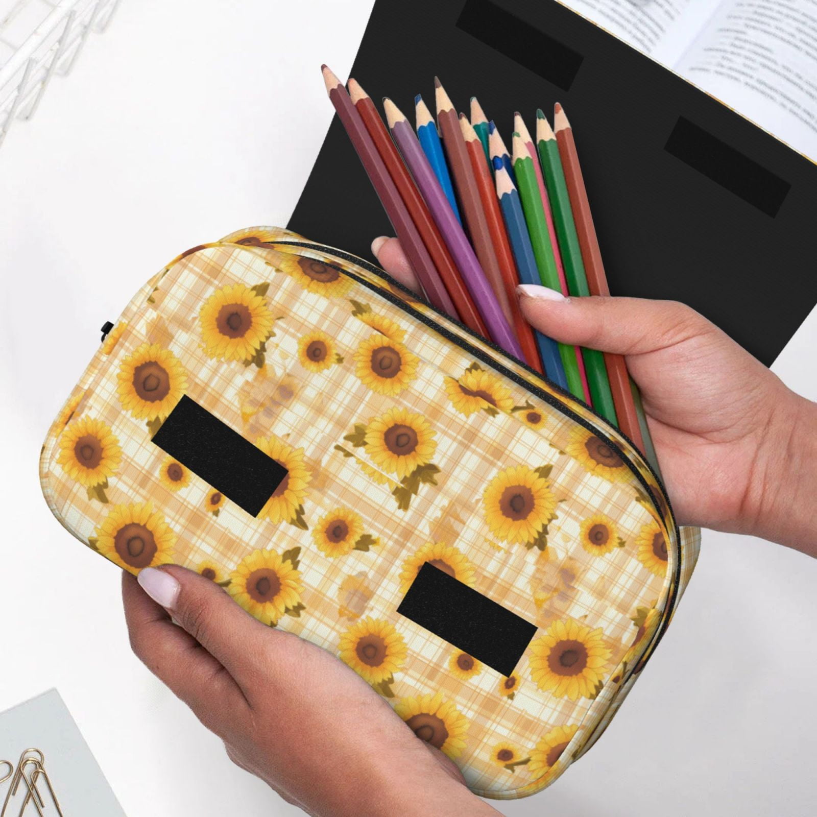Rateoe Coffee Plaid Sunflower Pattern Double Clamshell Pen Case, Storage Organizer with Two Zipper Compartments– Holds Up to 50 Pencils & Pens