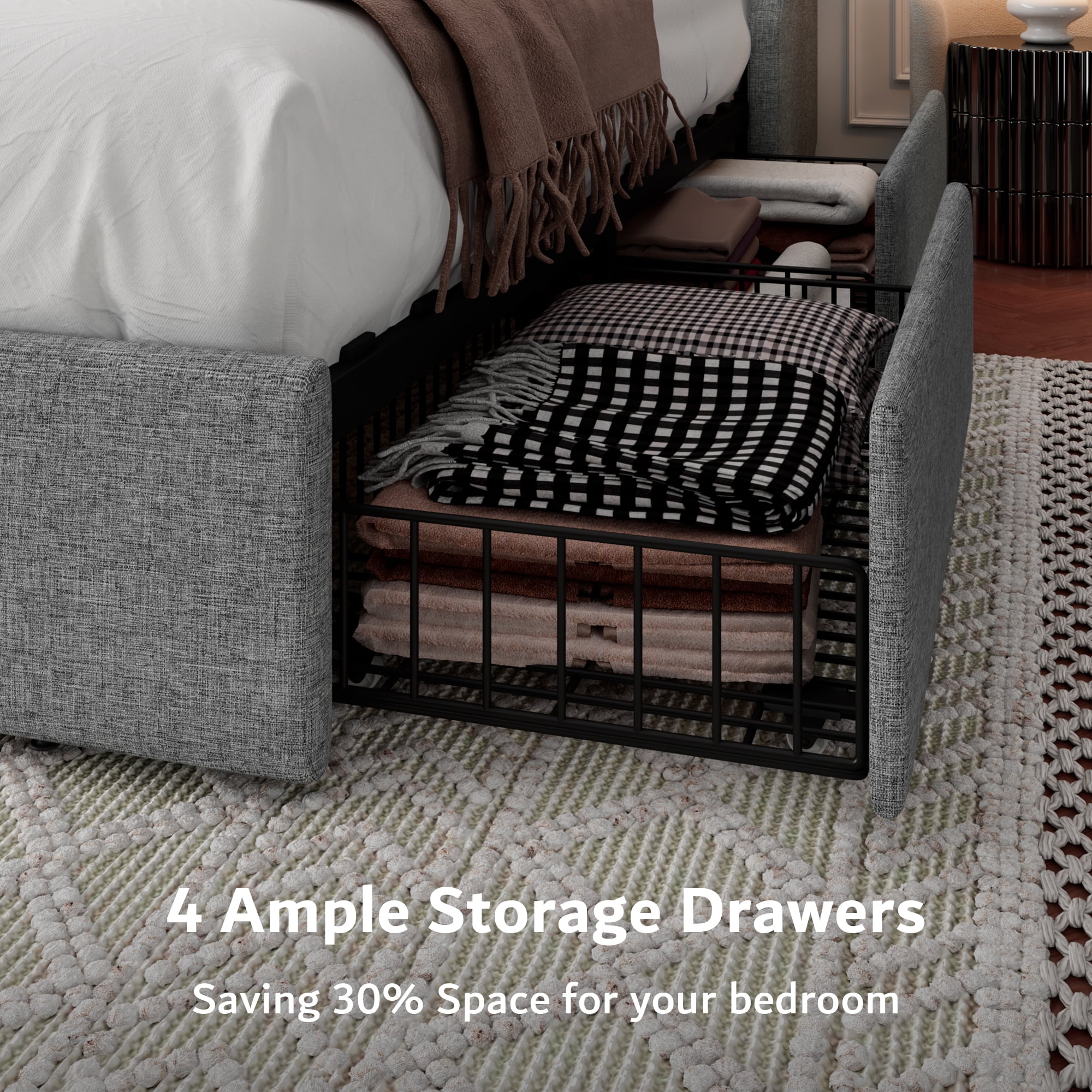 Virans Queen Bed Frame with 4 Storage Drawers, Upholstered Platform Bed Frame with Type-C & USB Ports, Wingback Storage Headboard,Light Gray