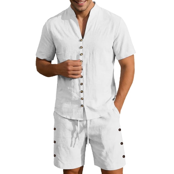 JAJAHO Mens Linen Shirt And Shorts Set Summer Short Sleeve Casual Breathable Comfortable Solid Color V Neck Shirts For Business Travel 2 Piece Versatile Outfit