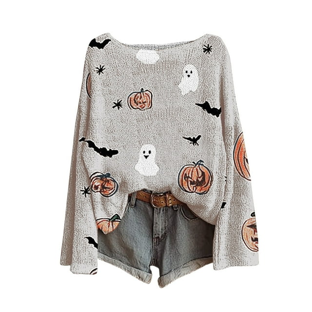 Breezora Tricot Imprimé Halloween pour Femmes Manches Longues Col Rond Décontracté Léger Automne et Hiver Taille TTG Jaune Clair