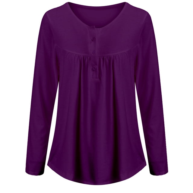 DYMADE Women's Solid Henley V-Neck Blouse Pleated Button Tunic Shirt Top