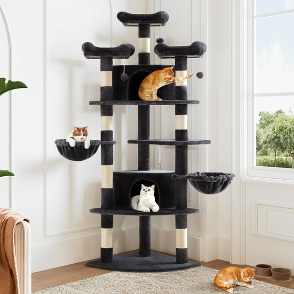 Allewie 73in Fan-Shaped Space-Saving Corner Cat Tower, Multi-Level Tall Cat Tree for Indoor Kitties, Cozy Baskets, Condos, House, Perches, Sisal Scratching Posts, Dark Grey