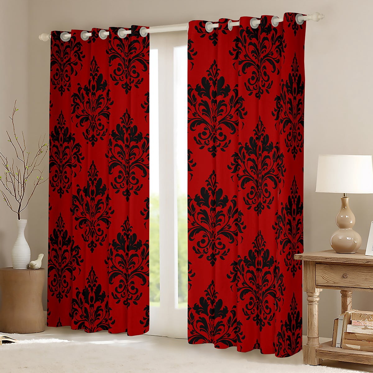 Erosebridal Gothic Floral Curtains for Living Room,Red Black Jacquard Blackout Curtains Set of 2(38x45),Boho Bohemain Flower Curtains and Drapes(38x45),Lightweight Room Decor