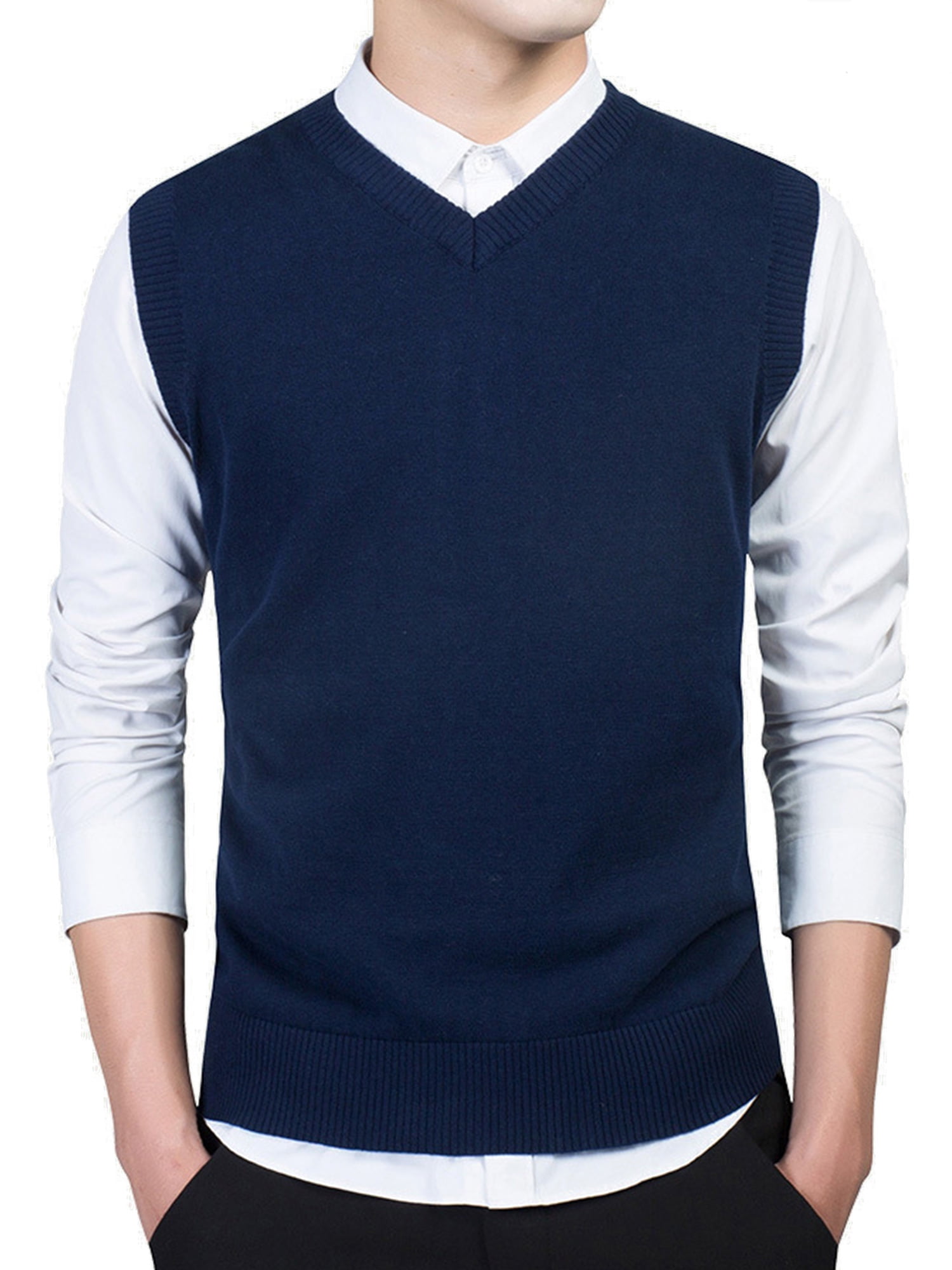 Romwe Men's Cable Knit Solid V Neck Plain Sleeveless Sweater Vest