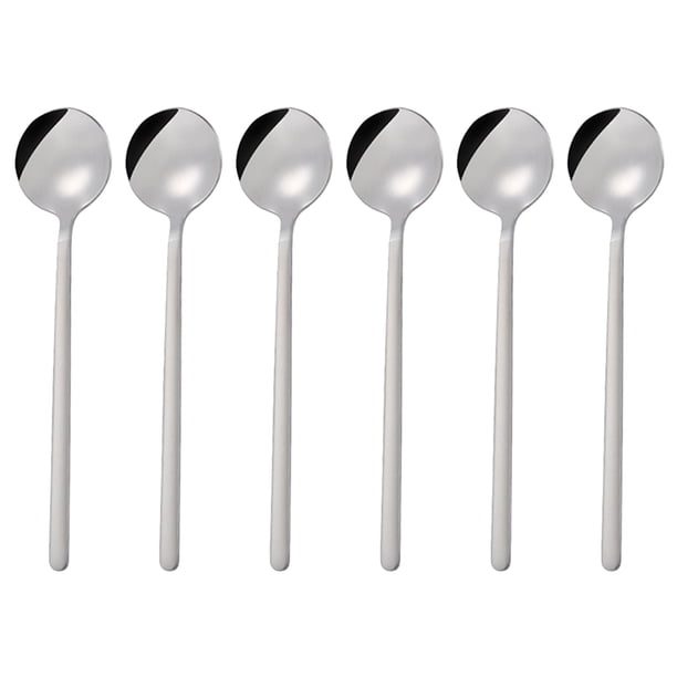 GOOHOCHY 6 piezas 13cm de acero inoxidable cuchara redonda mini mango largo cucharaditas de café cuchara para café azucarado postre (corto, plateado)
