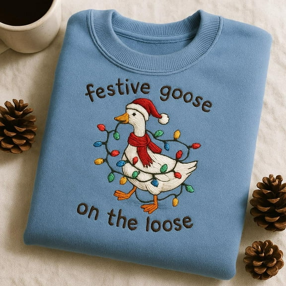 Festive Goose On The Loose Christmas Sweatshirt, Embroidered Holiday Bird Gift, Funny Xmas Lights Animal Hoodie