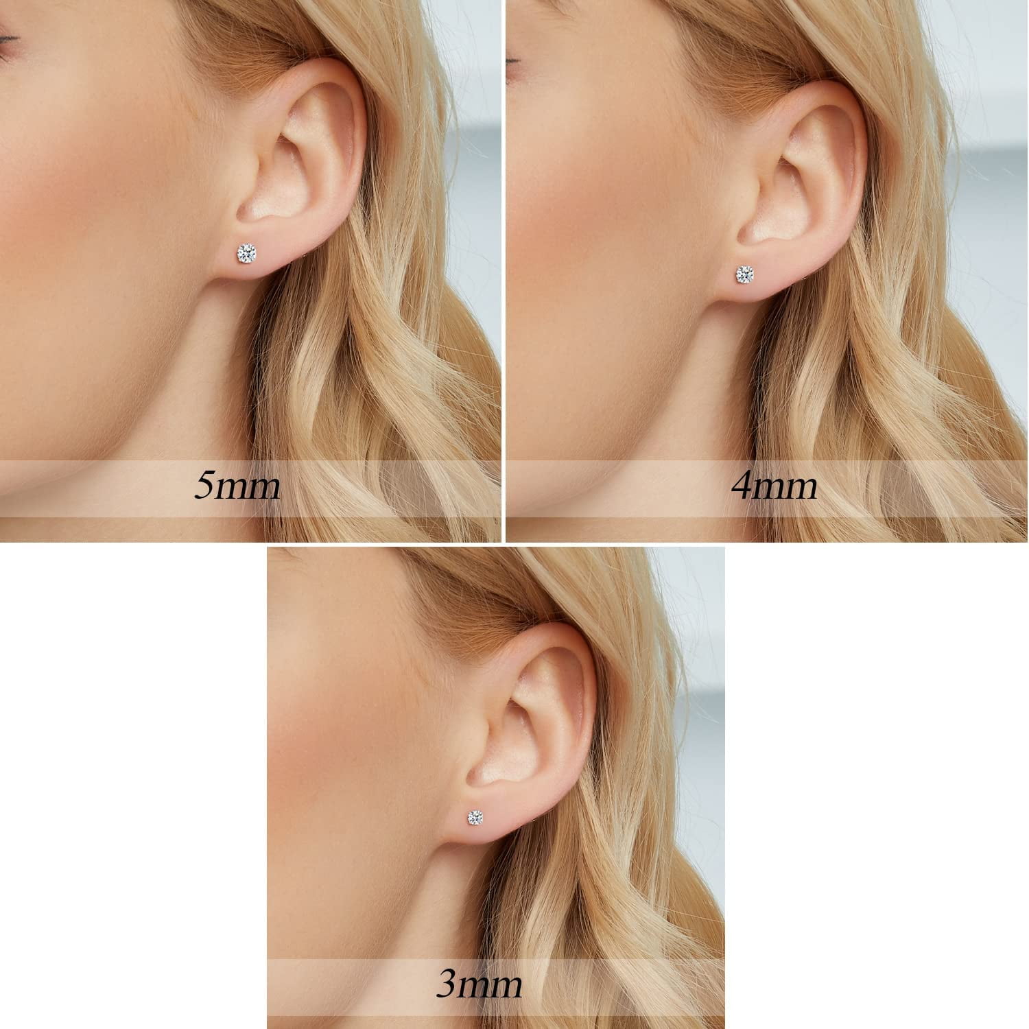 GEMSME 925 Sterling Silver Filled White Gold Plated 4 Prong Round Clear Moissanite Stud Earring for Women 3/4/5mm Pack of 3 Pairs