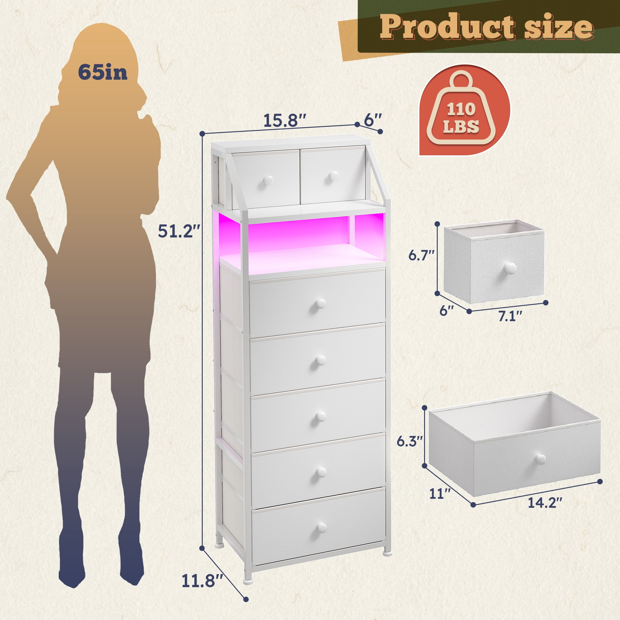 White Tall Dresser for Bedroom Dresser with LED Lights Tall Fabric Dresser with Open Wood Shelf,Tall Dresser of Metal Frame