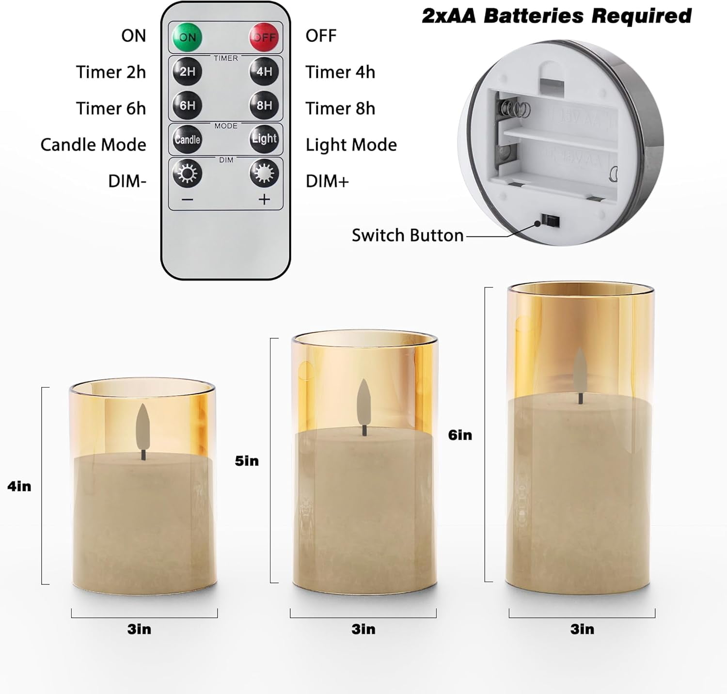 Ice Crystal Real Wax Glass Flameless Candles with Remote & Timer, Battery Operated Candles with Warm Flickering Flame, Realistic LED Candle for Wedding Home Decor [D3×H4/5"/6"] Gold, 3Pack