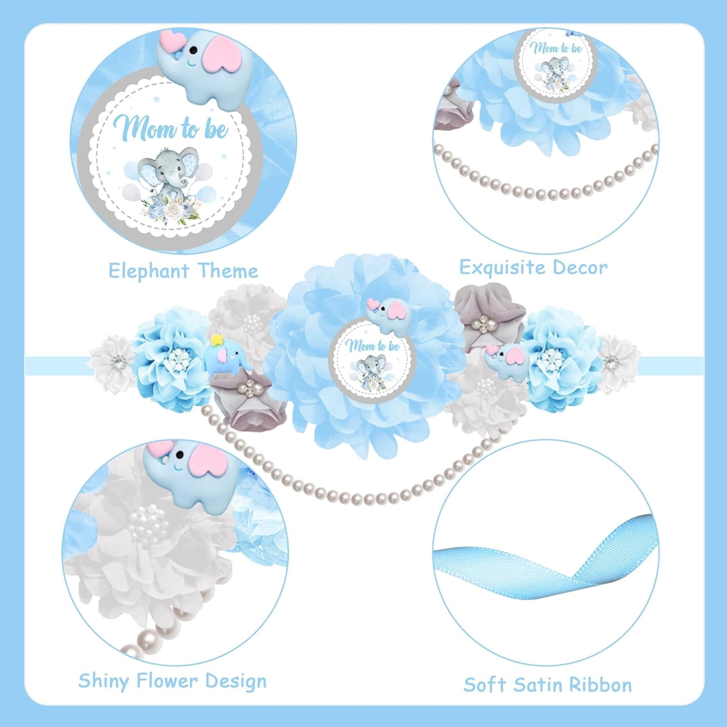 JOYMEMO Blue and Gray Elephant Baby Shower Maternity Sash Kit