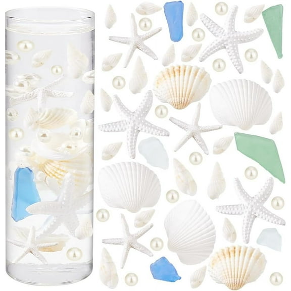 313pcs Mixed Seashell Vase Filler Floating Beads Natural Sea Shells Conch Starfish Pearl Seashells Crafts Frosted Glass Block for Table Scatter Wedding Party Beach Summer Decor diy