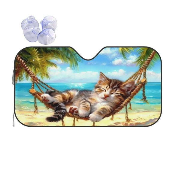 KAKALAD Beach Sleeping Cat 04 Universal Windshield Car Sun Shades Accordion Folding Auto Aluminum Sunshade 51"x 27.5"
