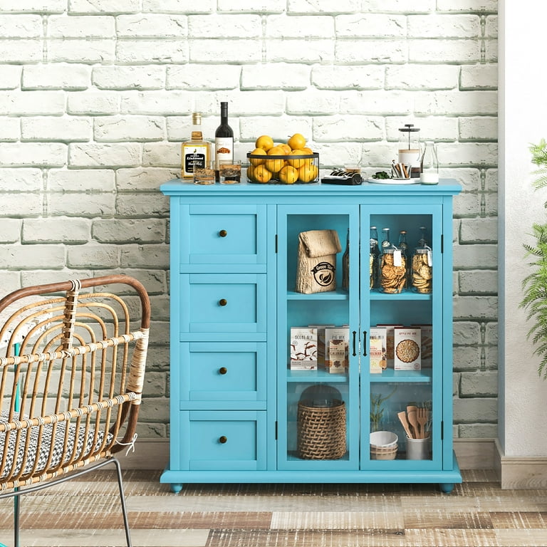 Costway Dining Server - Blue Buffet Sideboard Table with Shelves