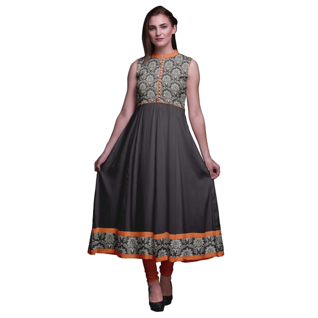 Bimba Robe Anarkali Fleurie Gris Foncé Col Mandarin Sans Manches Kurtis pour Femmes Imprimé Robe Maxi Grande