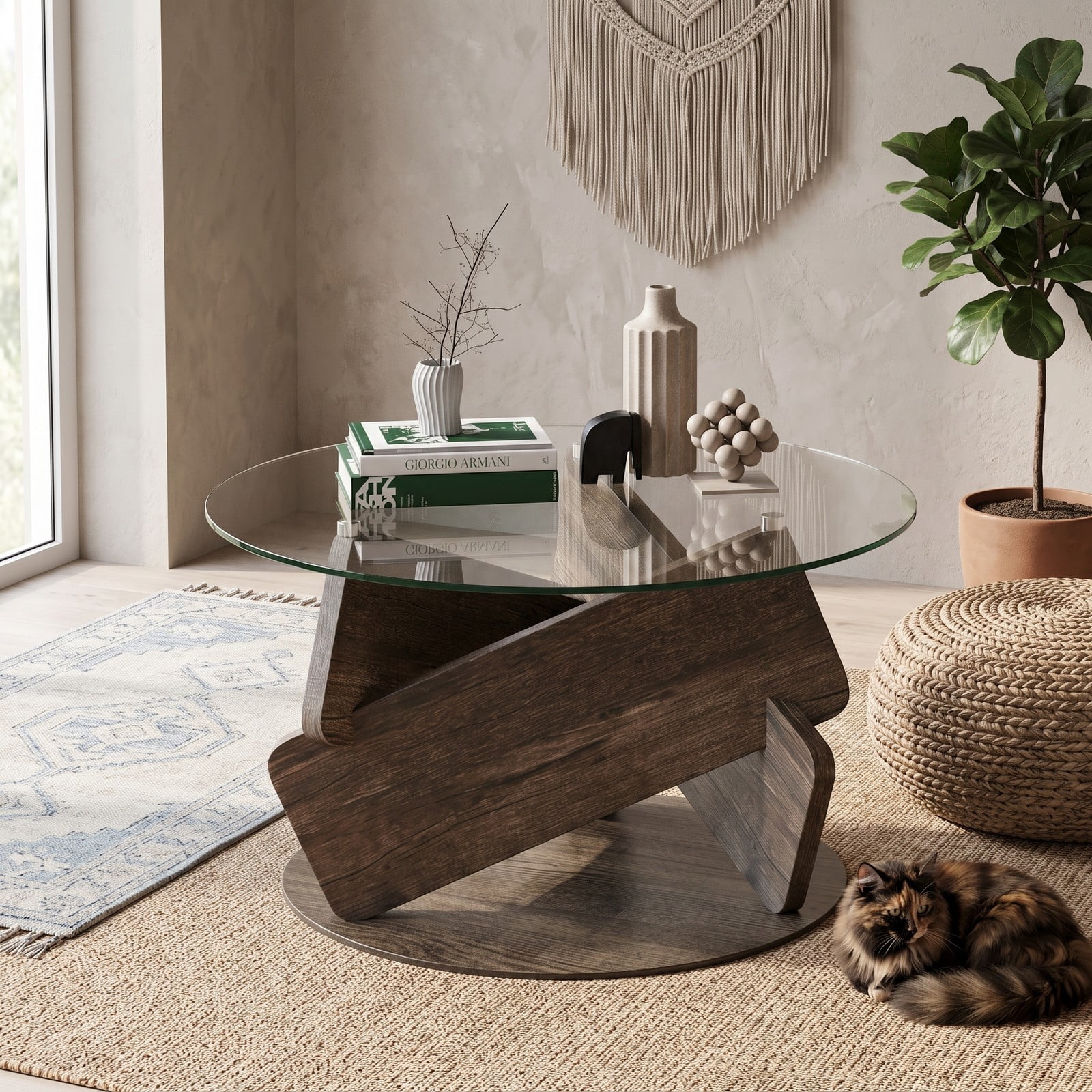 Furnibear Round Glass Coffee Table, 32 Inch Modern Center Table with Tempered Glass Top and Solid Rubberwood Base for Living Room Office Reception, Gray