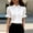 White, variant on Women's Elegant Lace Trim Stand Collar Blouse – Puff Short Sleeve Ruffle Button Front, Solid Color Summer Top White,XL