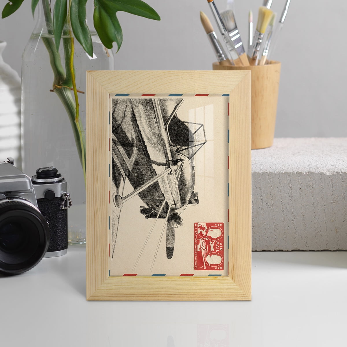 Vintage Airmail I -Framed Print w/glass-Natural Wood