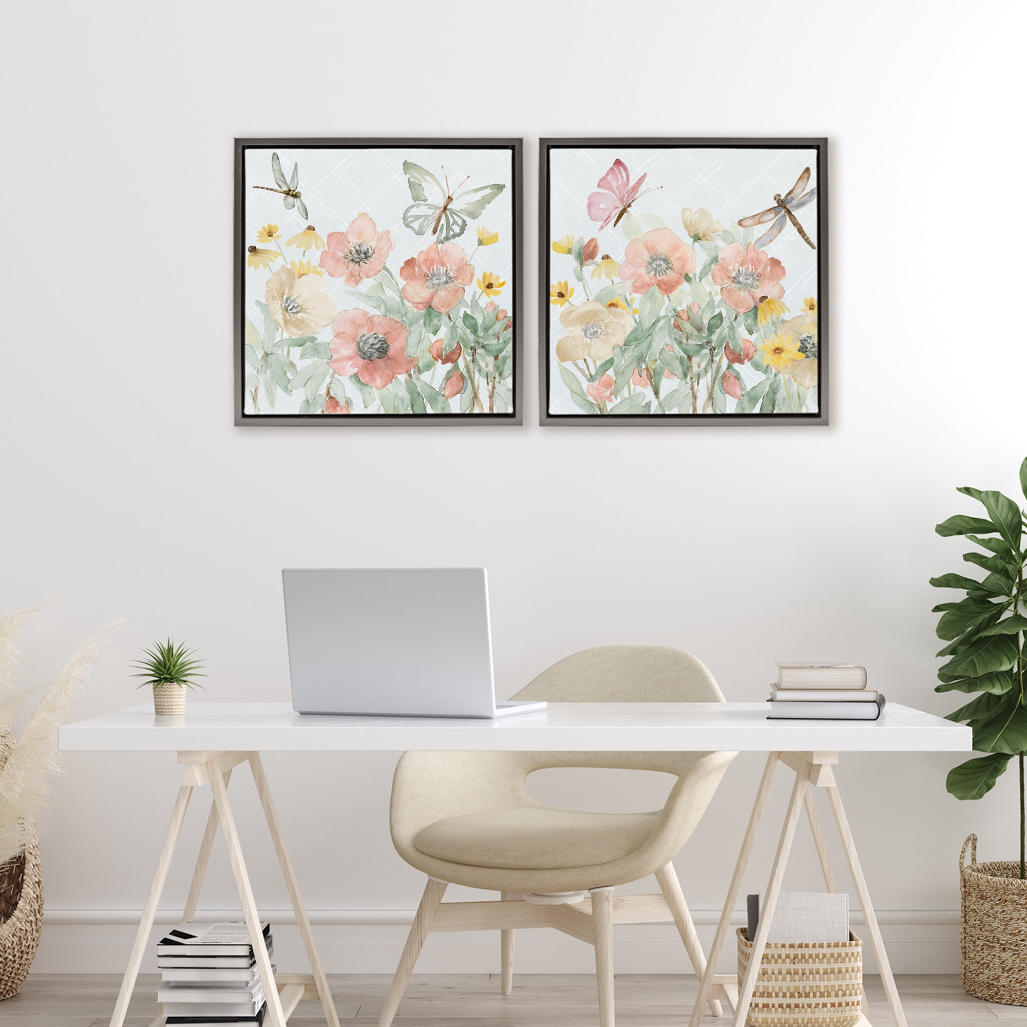 Stupell Industries Delicate Garden Joy 2 Piece Gray Framed Floater Canvas Set, design by Lanie Loreth