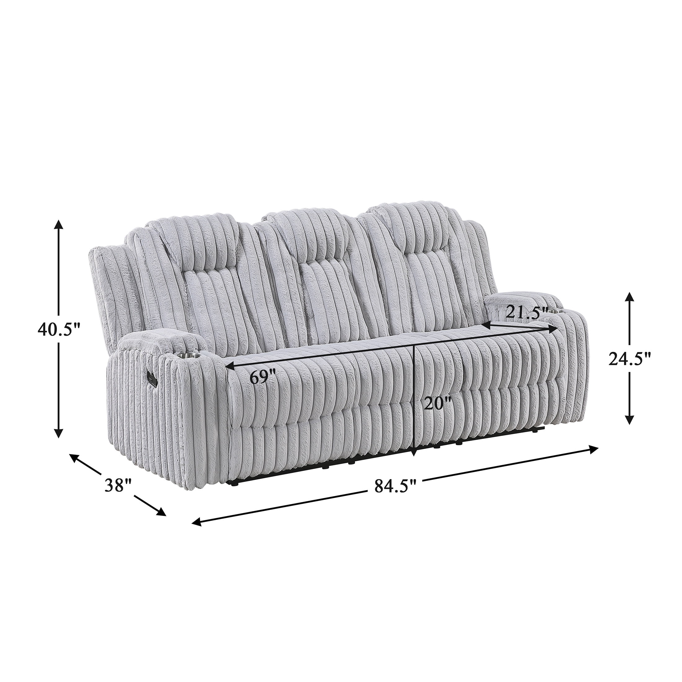 OakvillePark Lumora Corduroy Manual Double Reclining Sofa with Cup Holders, Light Gray