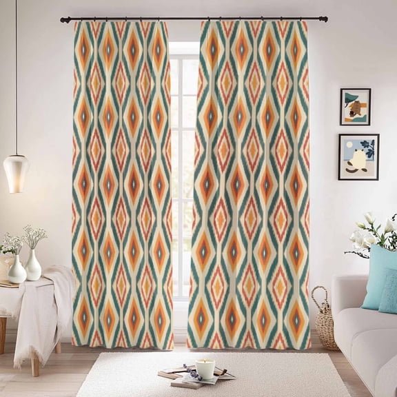 Orange Teal Geometric Blackout Curtains for Bedroom/Living Room, Pinch Pleated Black Out Curtains, Southwest Ethnic Country Room Darkening Window Drapes with Hooks 2 Panels, 39"x70"