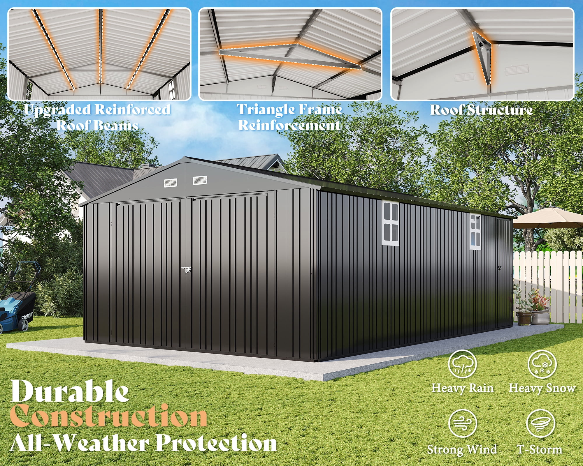 LUXOAK 13.2x20.7x8.4 ft Outdoor Storage Shed, Huge Metal Shed with 2 Double Hinged Doors and 4 Windows, Carport for Car, Truck, Bike, Dark Grey