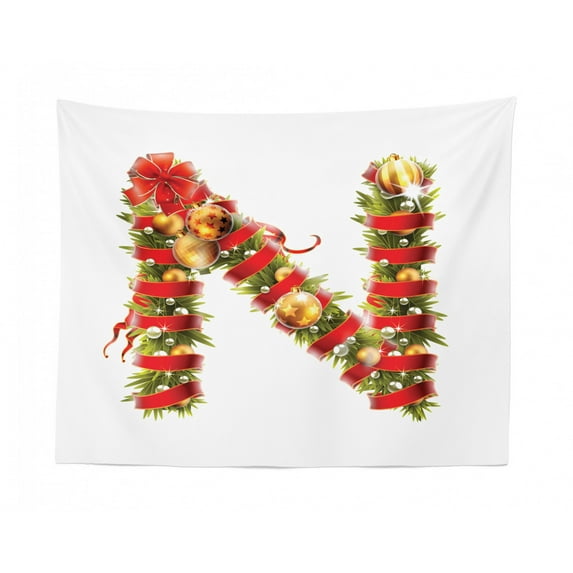 Christmas Alphabet Tapestry, O Letter as Winter Symbol Ornamented with Ribbons and Baubles, Fabric Wall Hanging Decor for Bedroom Living Room Dorm, 2 Sizes, Pearl and Olive Green, by Ambesonne