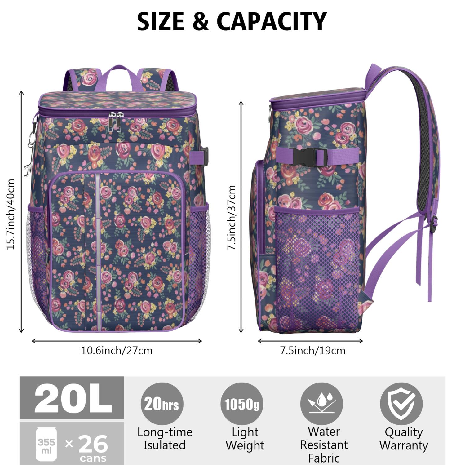Travel Cooler Bag - Pioneer Flower Floral Print Pattern Camping Beer Cooler Backpack with Bottle Opener- Waterproof Insulated Picnic Backpacks - Cooler Bag for Beach