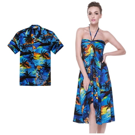 Couple Matching Hawaiian Luau Party Outfit Set Shirt Dress in Sunset Blue Men L Women L