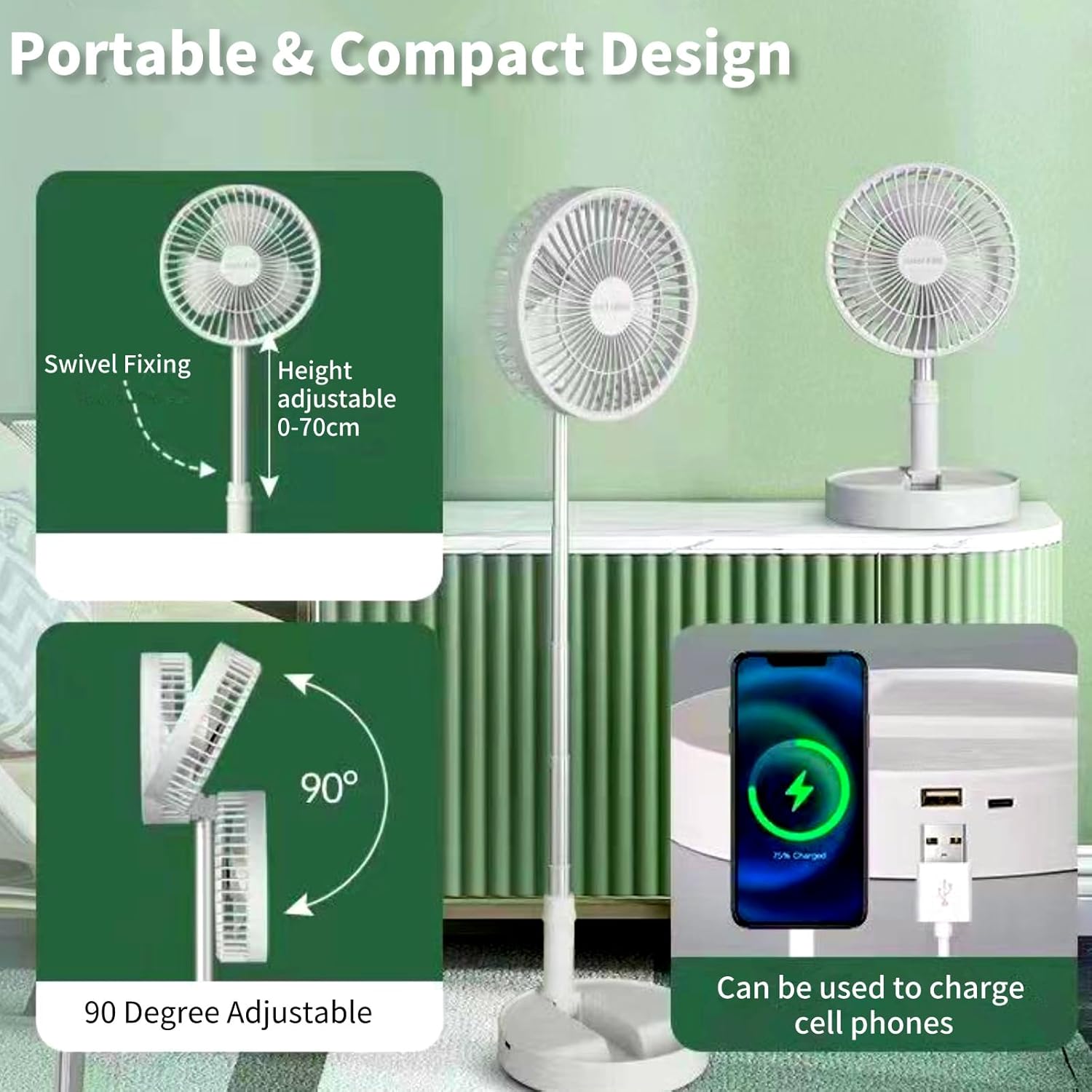 Solar Powered Outdoor Fan, Rechargeable Foldable Desk Fan with Solar Panel Battery Operated Pedestal 3 Speeds Quiet Height Adjustable Floor Fan for Home, Bedroom, Travel