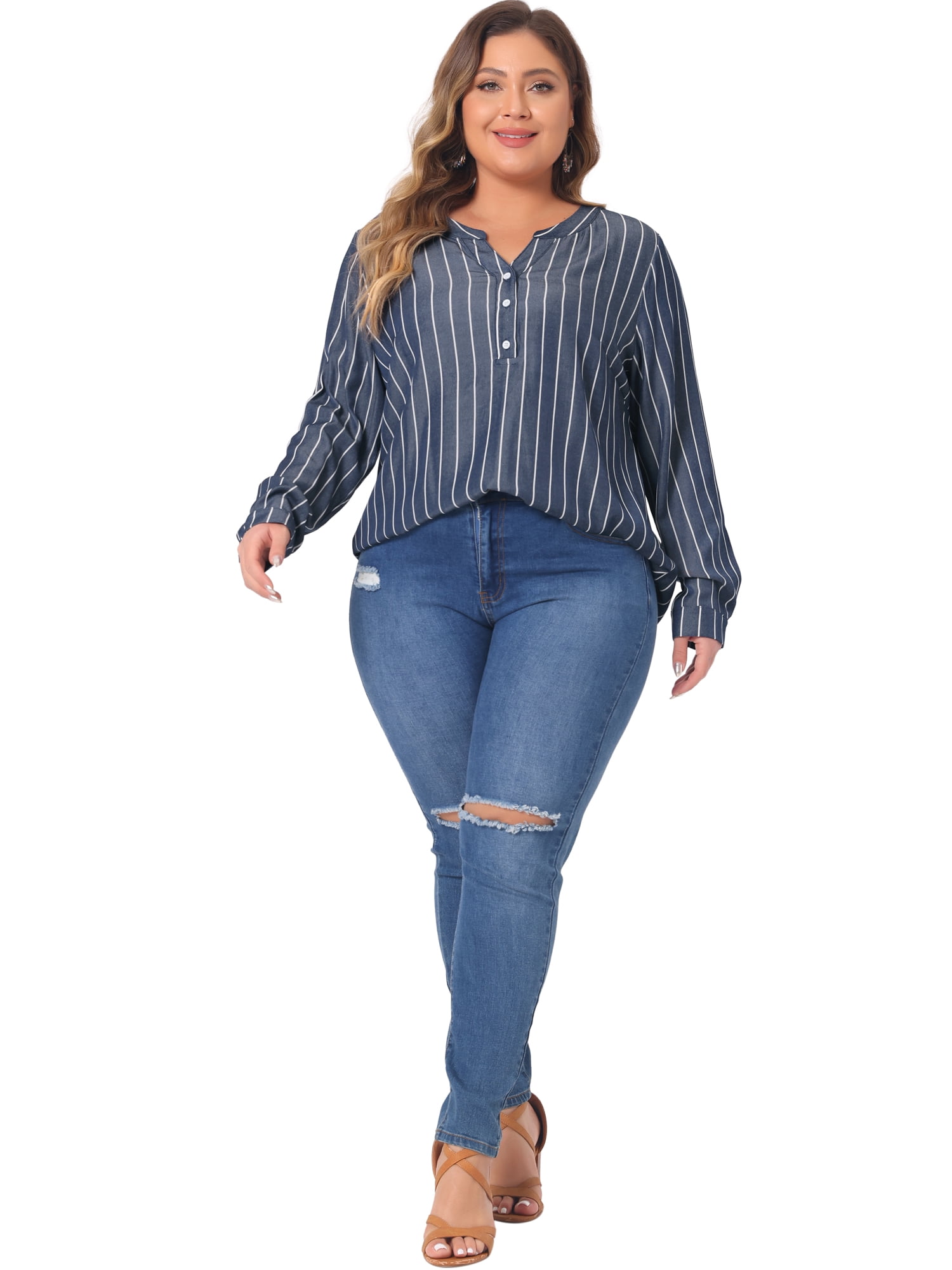 DARING DIVA Women's Plus Size Long Sleeve Button Down Blouse 2X Black Blue