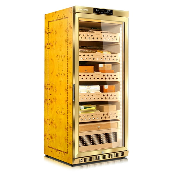 Cigar Climate Control Cabinet, Raching MON1800 Cigar Humidor Cabinet with Ammonia Removal, 220L Wood Frame Cabinet for Cigar Storing&Aging - Gold