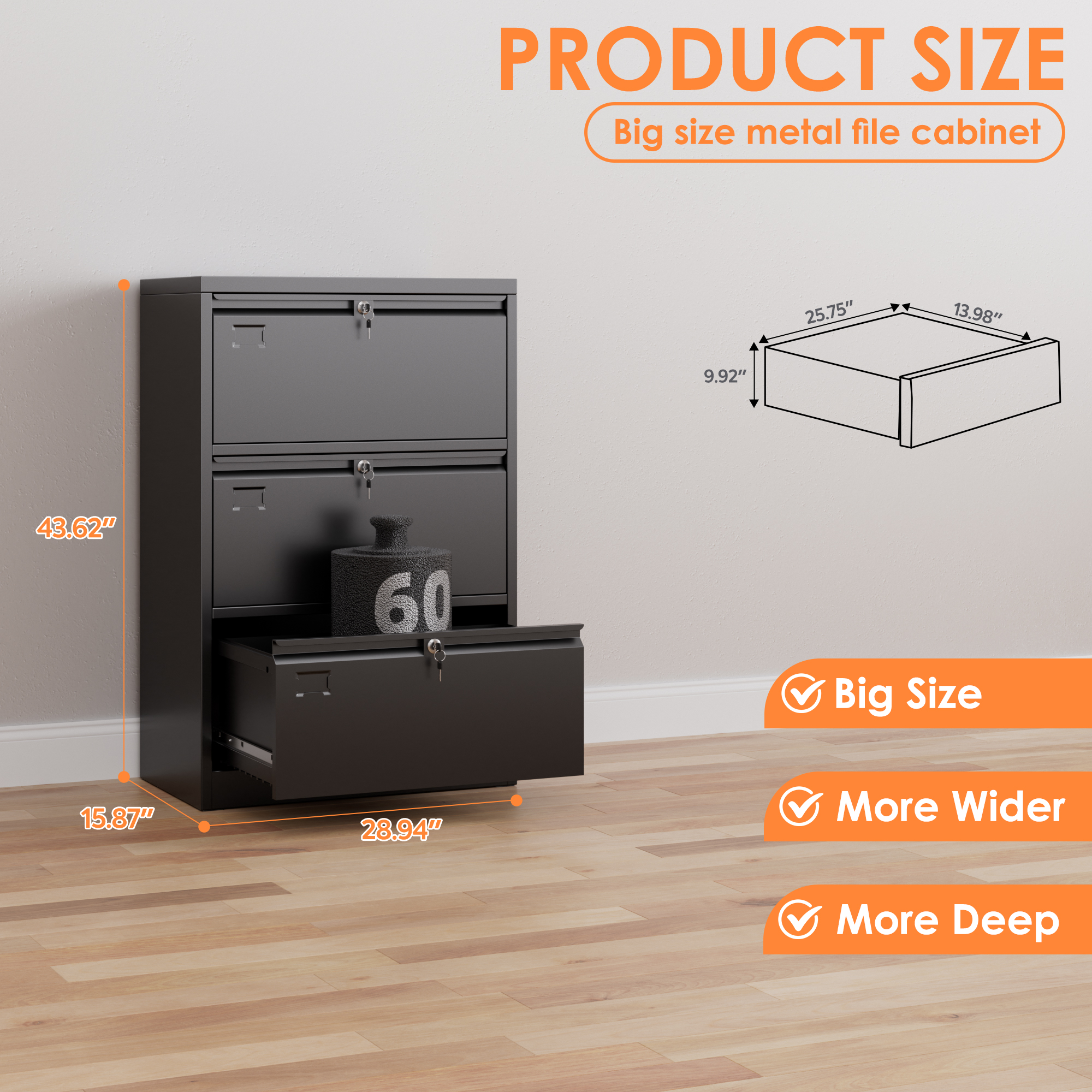 SUPEER 3 Drawers Metal Lateral File Storage Cabinet with 3 Individual Locks and Hanging Folders for Letter/Legal A4 Size, Wide File Storage Cabinet for Home Office School, Assembly Required