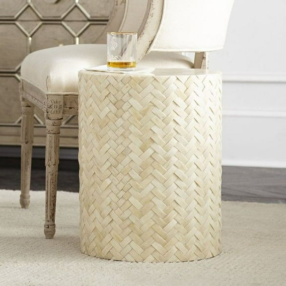 Bone Inlay End Table – Cream Herringbone Pattern in Drum Shape for Boho or Coastal Decor
