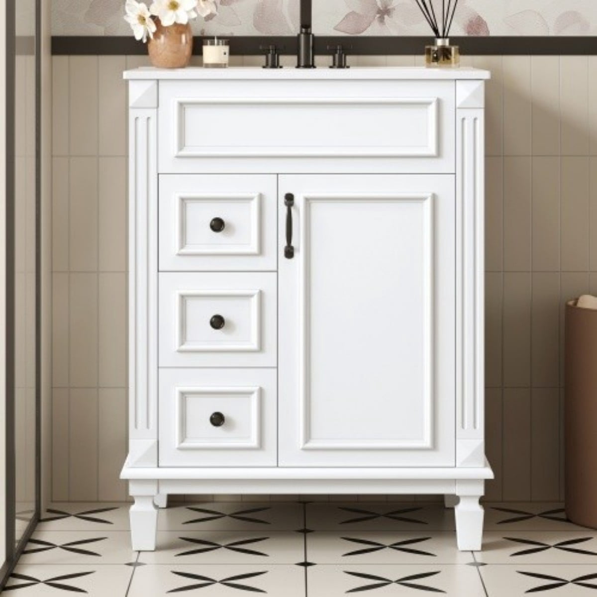 24" Bathroom Vanity with Ceramic Sink, Small Bathroom Vanity Cabinet with 2 Drawers, Adjustable Shelf, Soft-Close Door, White