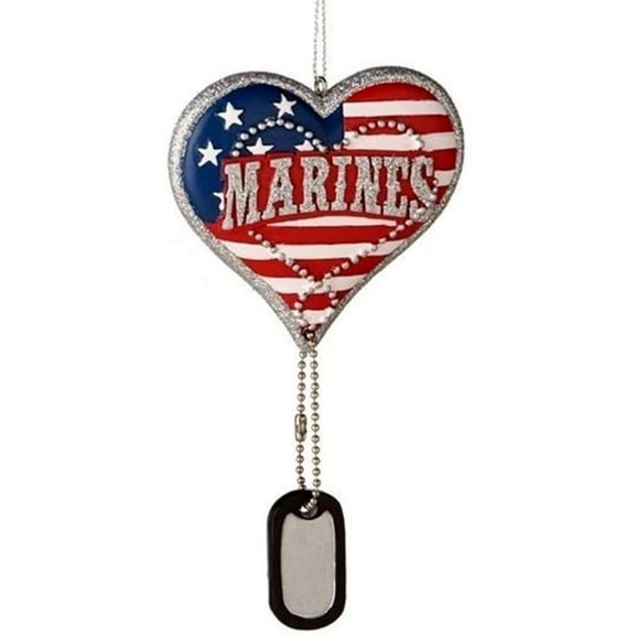 Patriotic Glitter Heart Armed Forces Ornament with Hanging Dog Tag (Marines)