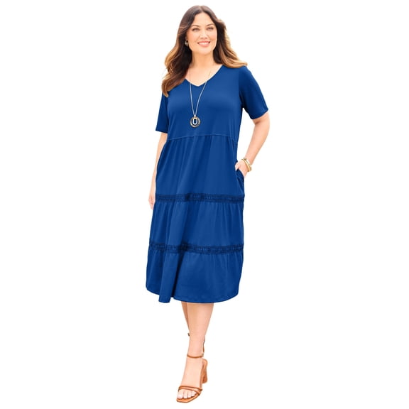Catherines Women's Plus Size Gauze Crochet Tiered Dress