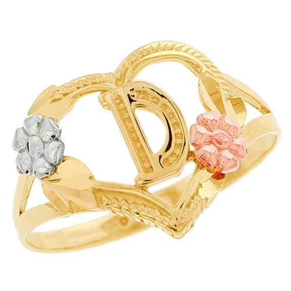 JackAni 14k Multi-Tone Gold Diamond Cut Floral Letter Initial D Heart Ring