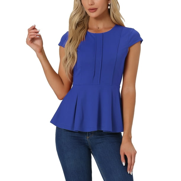 INSPIRAR CHIC Blusas de Peplum para Mujeres con Mangas Cortas y Cuello Redondo en Color Sólido XL Azul Real