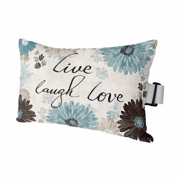 Live Love Laugh Words Outdoor Pillow for Chaise Lounge Chair,Country Blue Brown Floral Waterproof Headrest Lumbar Pillows with Insert&Elastic Strap for Patio Pool Garden Chairs Decor,1 Pack