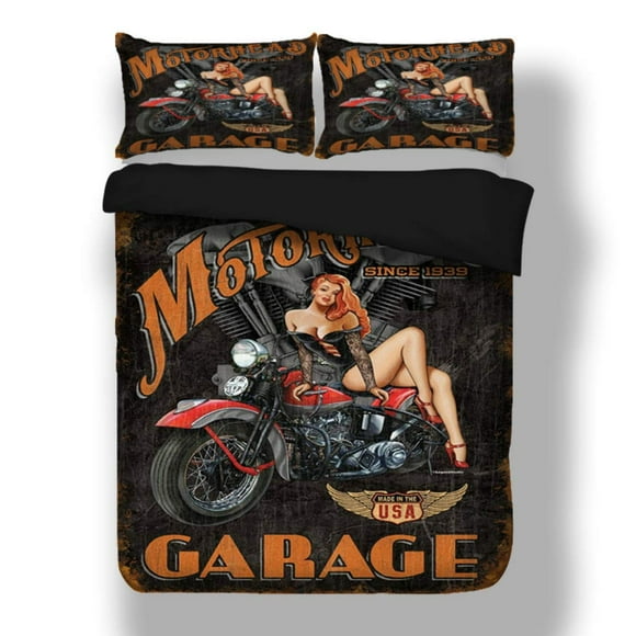 3pcs Motorcycle Sexy Beauty Garage Bedding Sets 3D Print Duvet Cover Pillowcase Twin Queen King Size Quilt Cover 3pcs Home Textiles (US Full)