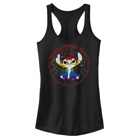 Junior's Lilo & Stitch Ohana Rainbow Pride Racerback Tank Top Black Medium