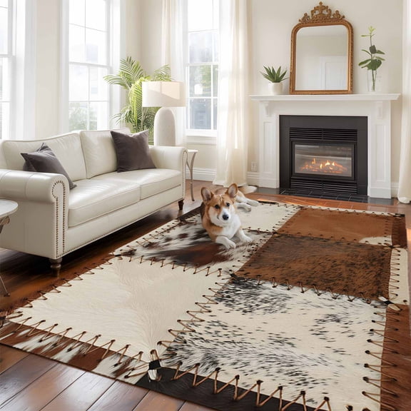 Vintage Cowhide 5x8 Rug for Bedroom Under Queen Bed Placement, Cow Fur Print Animal Skin Brown Plaid Washable Non Slip Large Rectangle Area Rug