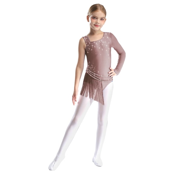 CHICTRY Kids Shiny Rhinestone Tassel Gymnastics Dance Leotards for Latin Cha-Cha Figure Skating Dancewear Dusty Pink 16