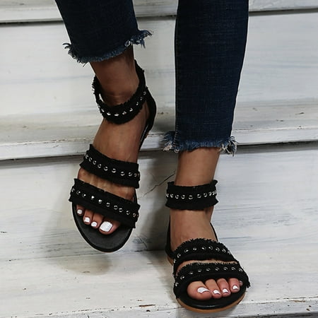 

BRISEZZS Flat Sandals for Women- Open Toe Casual Roman Summer Sandals #471 Black