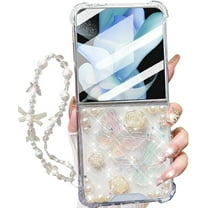 for Samsung Galaxy Z Flip 7 5G Clear Glitter Case, Cute 3D Butterfly Floral Crystal Pearl Bling Sparkle with Wrist Strap Soft TPU Aesthetic Women Girls Phone Case for Galaxy Z Flip 7 5G,Clear