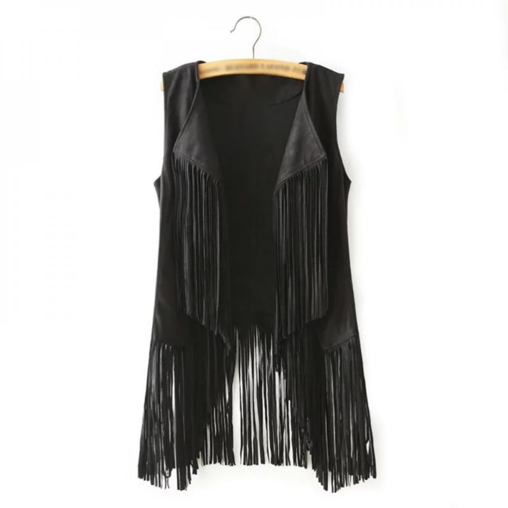 Popvcly Fringe Vest Women Leather Suede Vest Tassels Vintage Winter