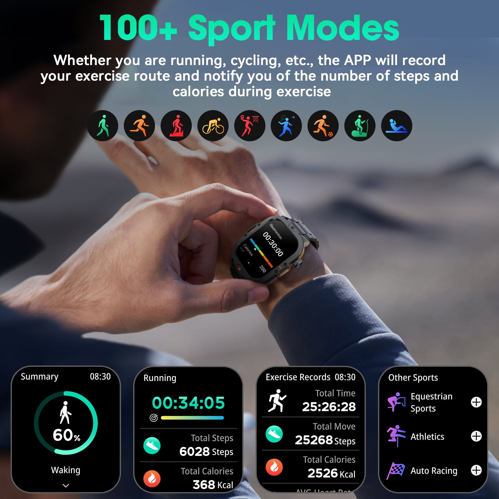 2.01-inch Military Smartwatch for Men with Fitness Tracker, Answer/Call/100+ Sport Modes, IP68 Waterproof, Hiking Travel Pedometer Watch compatible with Android IPhone Devices (Steel Band)