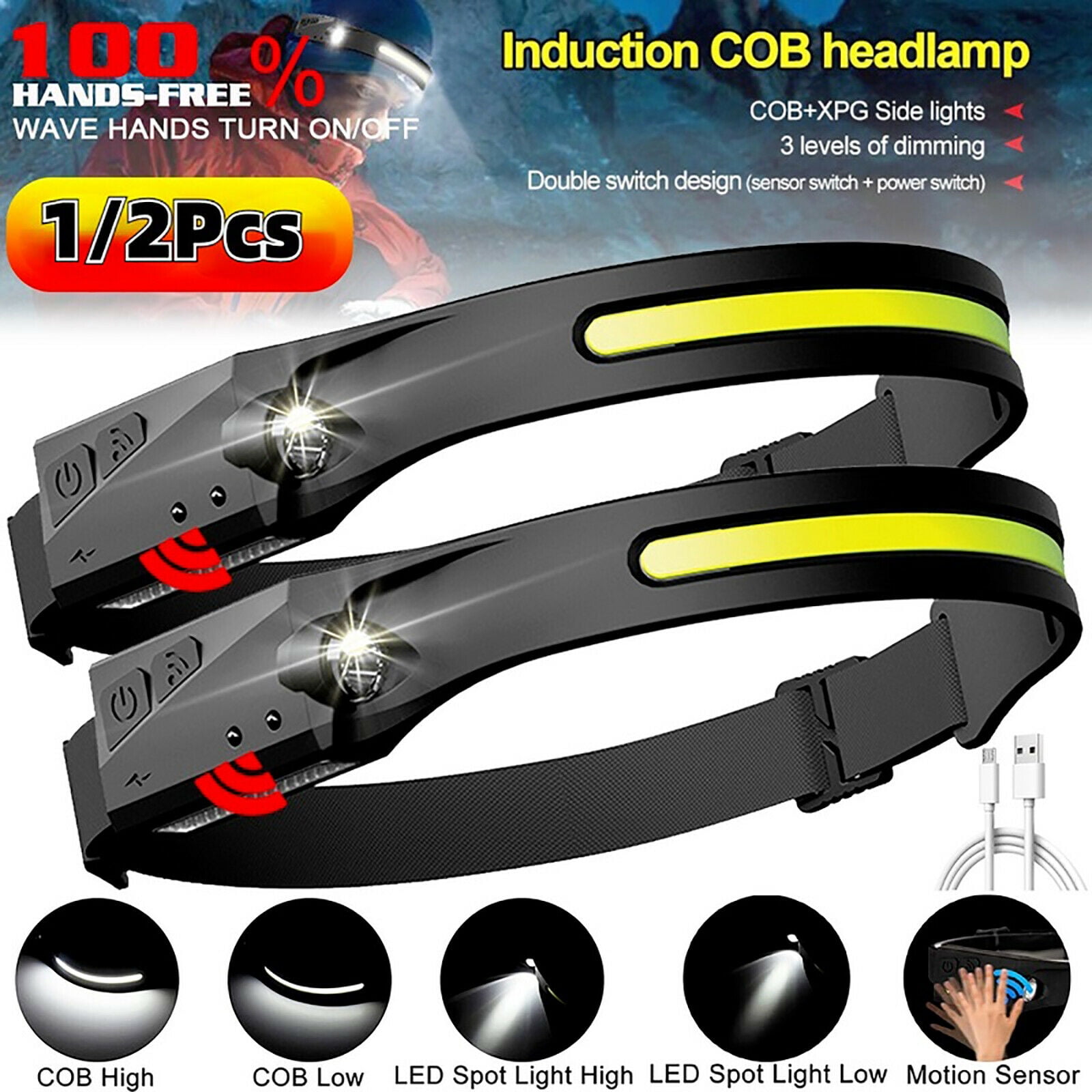 COB LED Motion Sensor Head Torch Headlight USB Rechargeable Headlamp/ Waterproof 