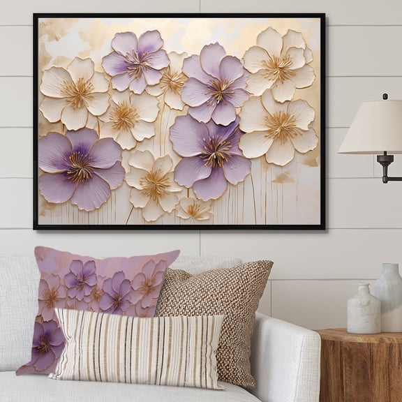 Designart "Meadow of Violets in Purple and Gold II" Violets Floater Framed Canvas Prints