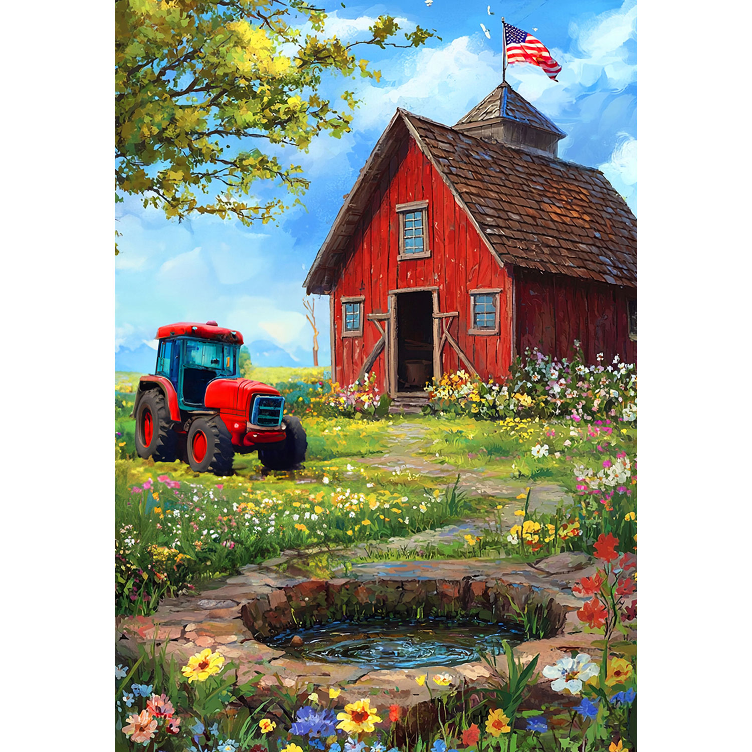 America Forever Patriotic Red Schoolhouse House Flag, 28 x 40 inch Double Sided, American Flag Tractor Country Farm, Spring Summer Seasonal Outdoor Decor, Rural Flag